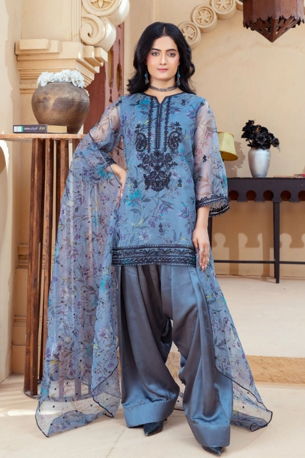 Blue Haze Embroidered Short Kurta with Farshi Shalwar and Organza Dupatta – 3-Piece Eastern Ready-to-Wear Festive Dress for Women