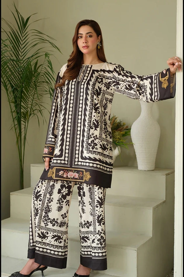 Creme Brulee Swiss Lawn 2-piece stitched suit for women featuring bold digital print shirt and matching printed trouser – lightweight, breathable summer outfit ideal for casual and daytime wear by Ragini