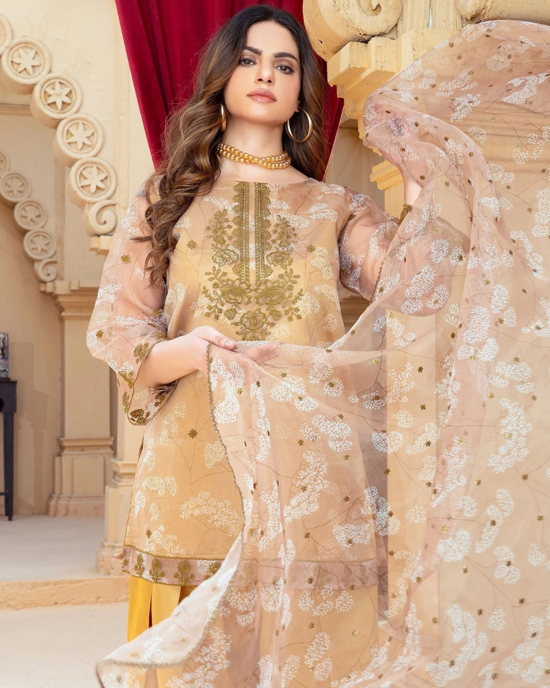 Ada-e-Jahan-Zarminaa – Gold Embroidered Organza Kurta Set with Farshi Shalwar & Organza Dupatta | 3-Piece Festive Party Wear for Women by Ragini