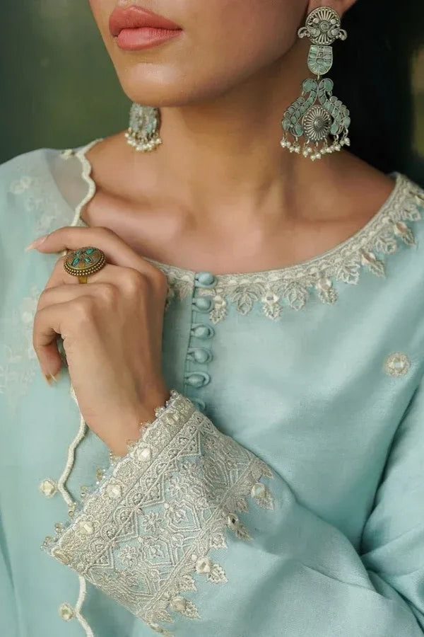 Afsana Raw Silk Embroidered 3-Piece Dress with Organza Dupatta and Sequin Detailing – Luxury Festive Wear for Women by Ragini