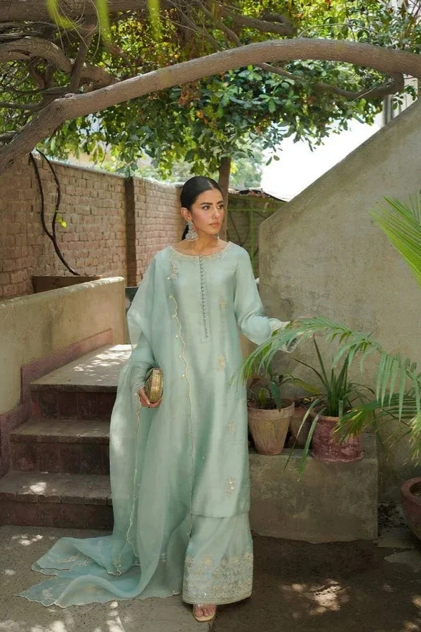 Afsana Raw Silk Embroidered 3-Piece Dress with Organza Dupatta and Sequin Detailing – Luxury Festive Wear for Women by Ragini