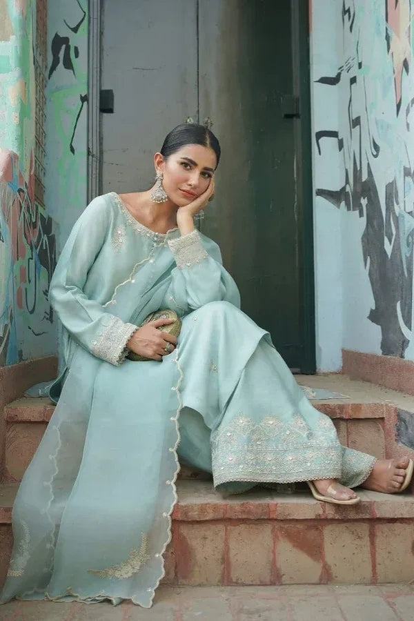 Afsana Raw Silk Embroidered 3-Piece Dress with Organza Dupatta and Sequin Detailing – Luxury Festive Wear for Women by Ragini