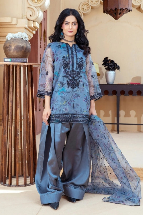 Blue Haze Embroidered Short Kurta with Farshi Shalwar and Organza Dupatta – 3-Piece Eastern Ready-to-Wear Festive Dress for Women