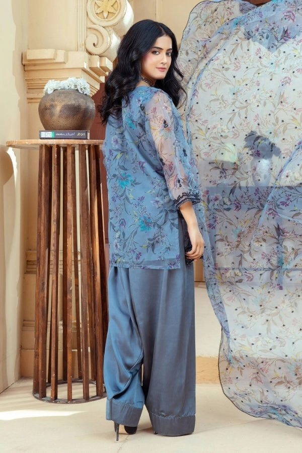 Blue Haze Embroidered Short Kurta with Farshi Shalwar and Organza Dupatta – 3-Piece Eastern Ready-to-Wear Festive Dress for Women