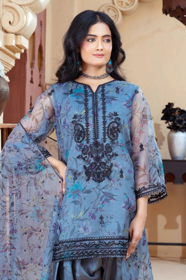 Blue Haze Embroidered Short Kurta with Farshi Shalwar and Organza Dupatta – 3-Piece Eastern Ready-to-Wear Festive Dress for Women