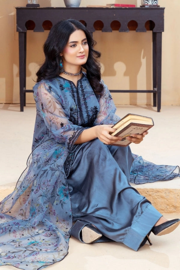 Blue Haze Embroidered Short Kurta with Farshi Shalwar and Organza Dupatta – 3-Piece Eastern Ready-to-Wear Festive Dress for Women