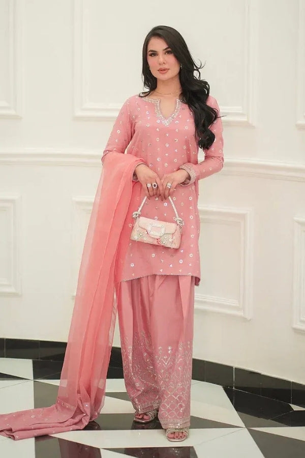 Breeze Raw Silk 3PC Embroidered Suit with Organza Dupatta | Luxury Festive Wear by Ragini