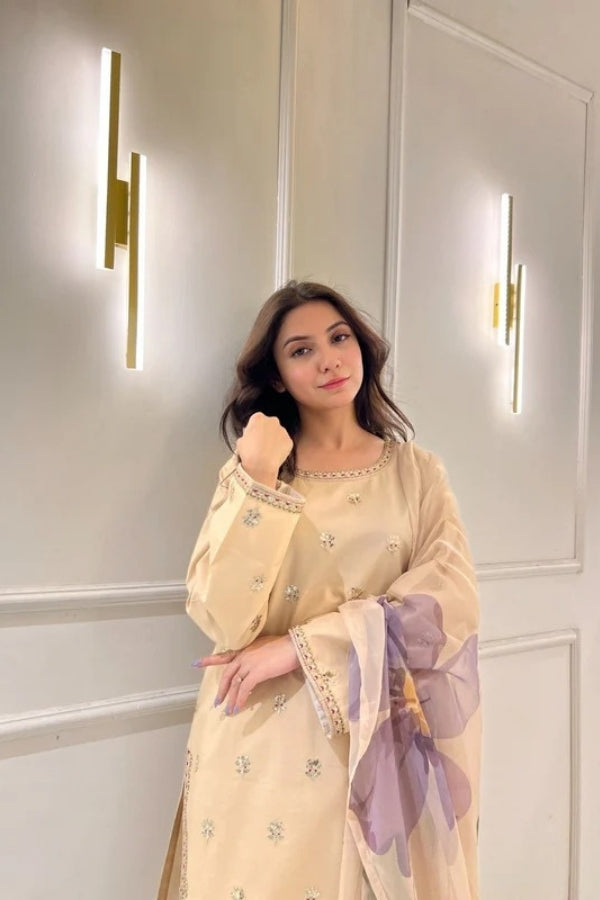 Desert Bloom, Women's festive 3-piece lawn outfit in nude beige and rosy pink – featuring golden tonal embroidery, Farshi Shalwar, digitally printed chiffon dupatta, and elegant lace details – premium quality by Ragini, ideal for summer and formal occasions.