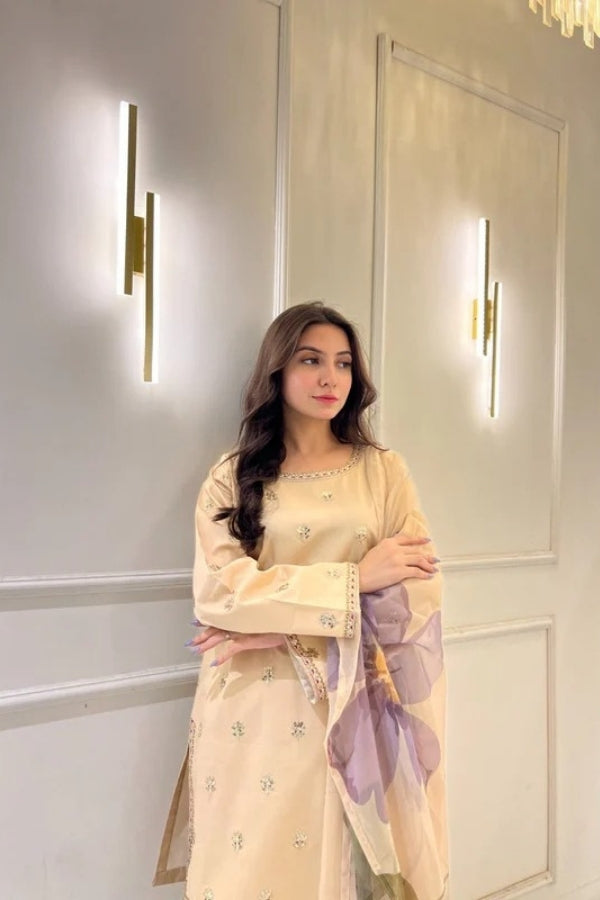 Desert Bloom, Women's festive 3-piece lawn outfit in nude beige and rosy pink – featuring golden tonal embroidery, Farshi Shalwar, digitally printed chiffon dupatta, and elegant lace details – premium quality by Ragini, ideal for summer and formal occasions.
