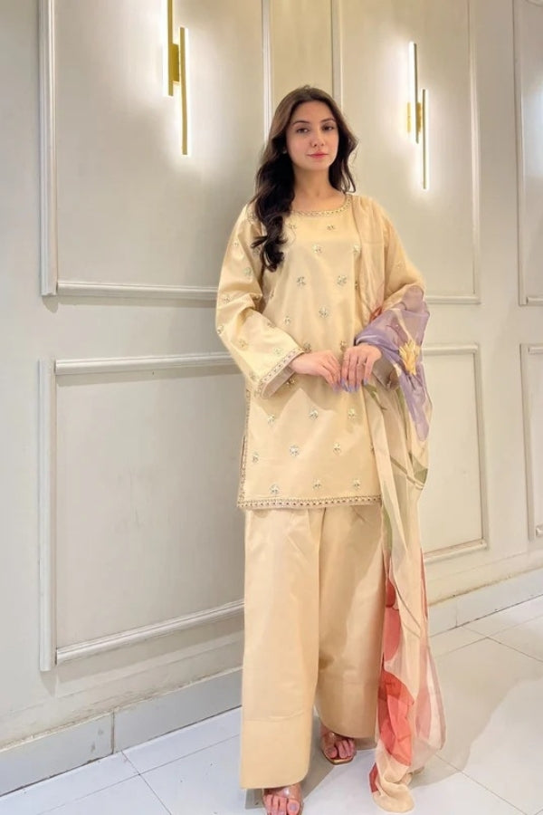 Desert Bloom, Women's festive 3-piece lawn outfit in nude beige and rosy pink – featuring golden tonal embroidery, Farshi Shalwar, digitally printed chiffon dupatta, and elegant lace details – premium quality by Ragini, ideal for summer and formal occasions.