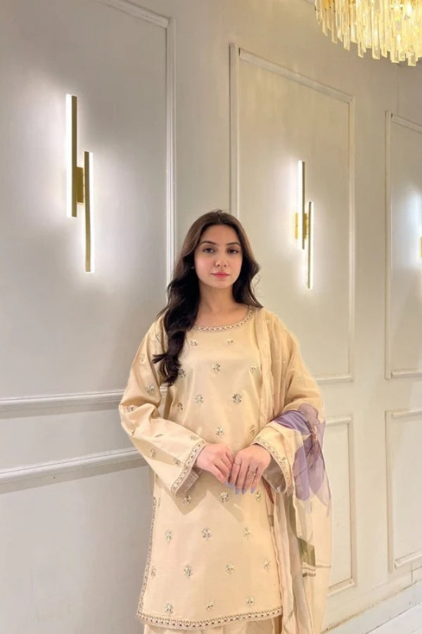 Desert Bloom, Women's festive 3-piece lawn outfit in nude beige and rosy pink – featuring golden tonal embroidery, Farshi Shalwar, digitally printed chiffon dupatta, and elegant lace details – premium quality by Ragini, ideal for summer and formal occasions.