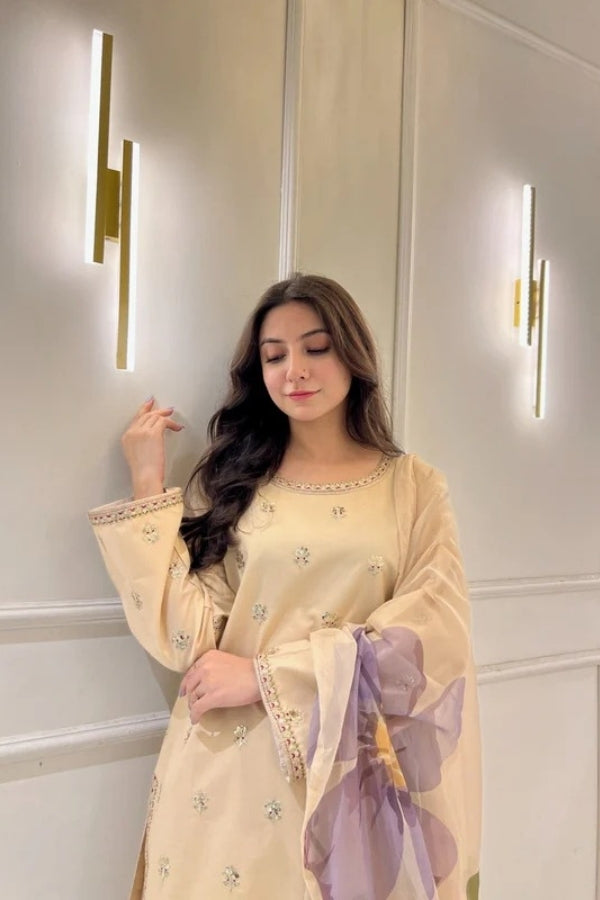 Desert Bloom, Women's festive 3-piece lawn outfit in nude beige and rosy pink – featuring golden tonal embroidery, Farshi Shalwar, digitally printed chiffon dupatta, and elegant lace details – premium quality by Ragini, ideal for summer and formal occasions.