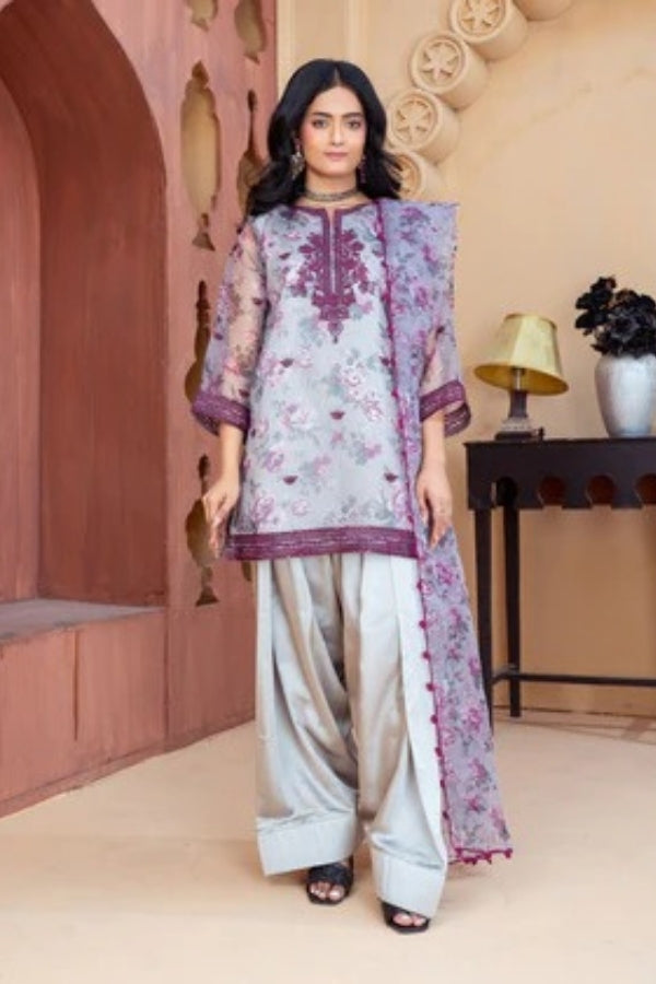 Dhuan Women’s 3-Piece Grey Embroidered Short Kurta with Farshi Shalwar and Organza Dupatta – Eastern Festive Ready-to-Wear Dress