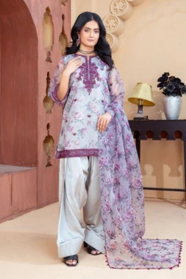 Dhuan Women’s 3-Piece Grey Embroidered Short Kurta with Farshi Shalwar and Organza Dupatta – Eastern Festive Ready-to-Wear Dress