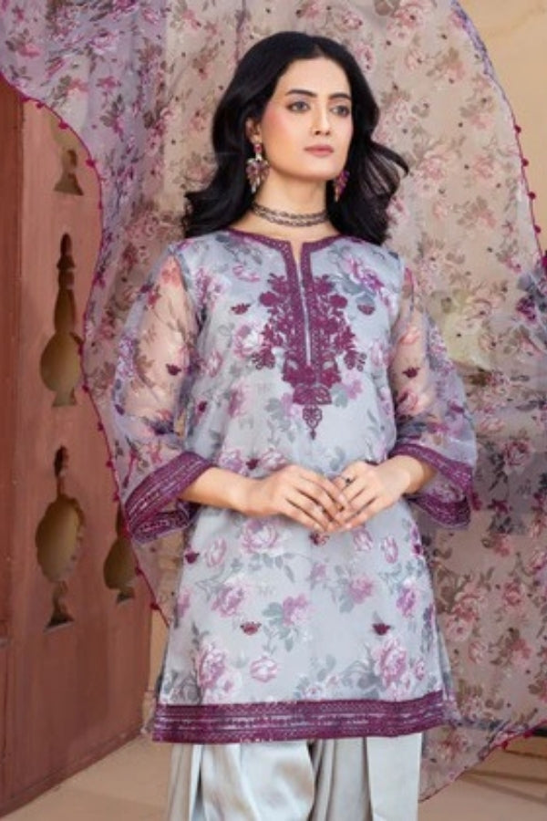 Dhuan Women’s 3-Piece Grey Embroidered Short Kurta with Farshi Shalwar and Organza Dupatta – Eastern Festive Ready-to-Wear Dress