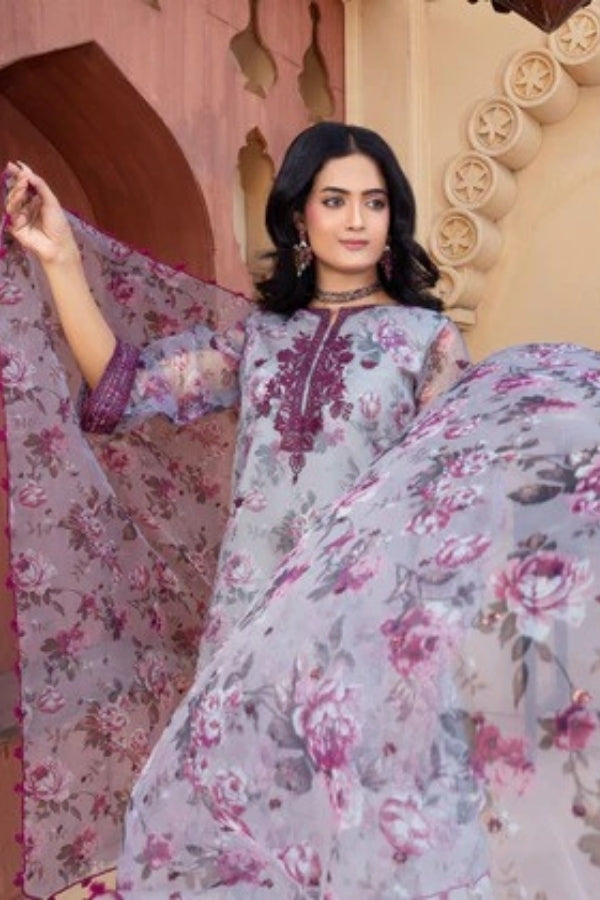 Dhuan Women’s 3-Piece Grey Embroidered Short Kurta with Farshi Shalwar and Organza Dupatta – Eastern Festive Ready-to-Wear Dress