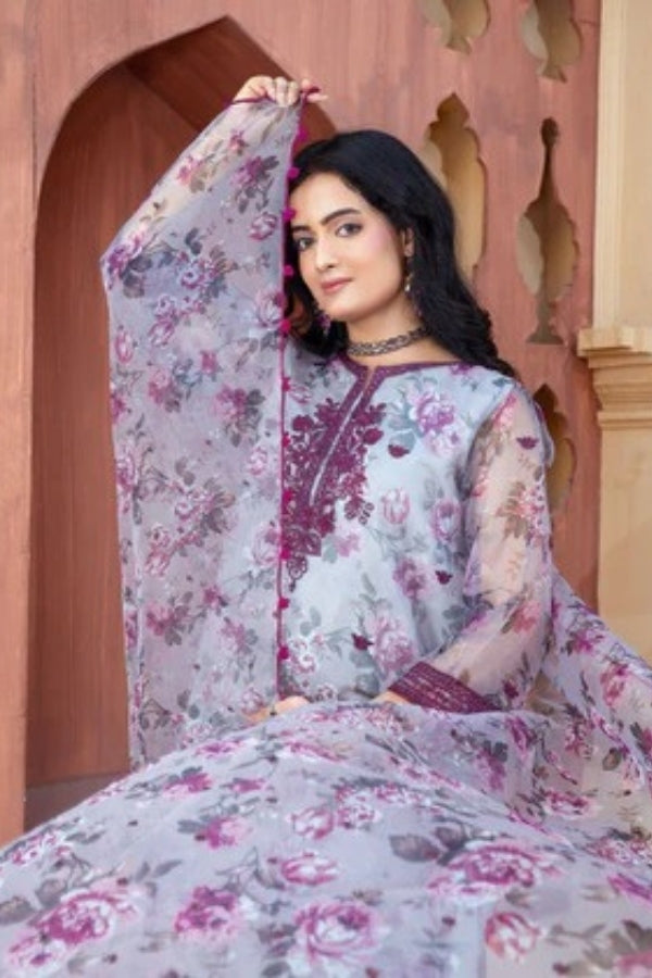 Dhuan Women’s 3-Piece Grey Embroidered Short Kurta with Farshi Shalwar and Organza Dupatta – Eastern Festive Ready-to-Wear Dress