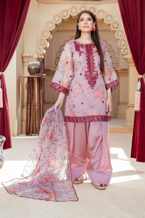 Gulaabi Raag pink embroidered 3-piece festive kurta set for women with organza dupatta and farshi shalwar – luxury ready-to-wear Eastern outfit by Ragini