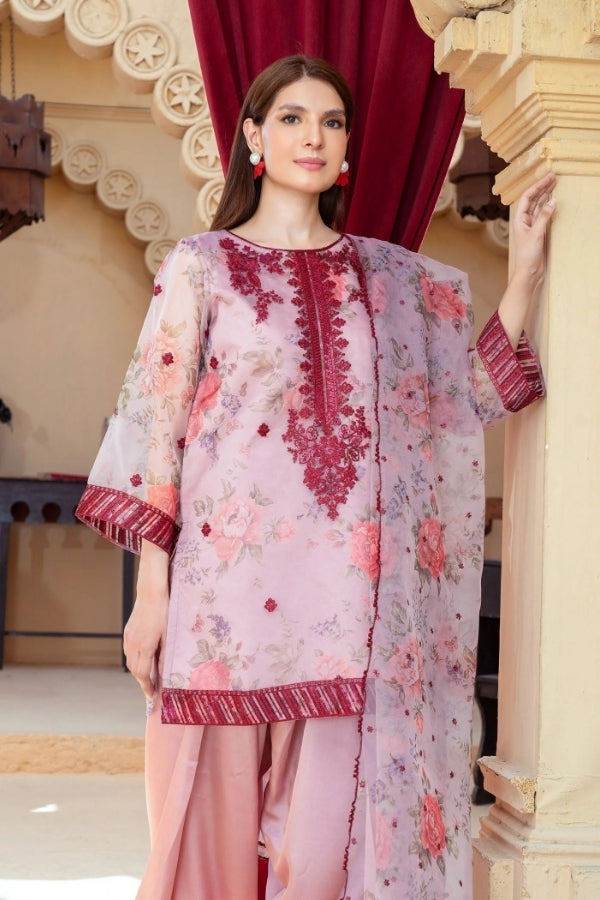 Gulaabi Raag pink embroidered 3-piece festive kurta set for women with organza dupatta and farshi shalwar – luxury ready-to-wear Eastern outfit by Ragini