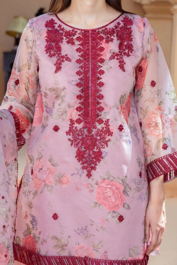 Gulaabi Raag pink embroidered 3-piece festive kurta set for women with organza dupatta and farshi shalwar – luxury ready-to-wear Eastern outfit by Ragini