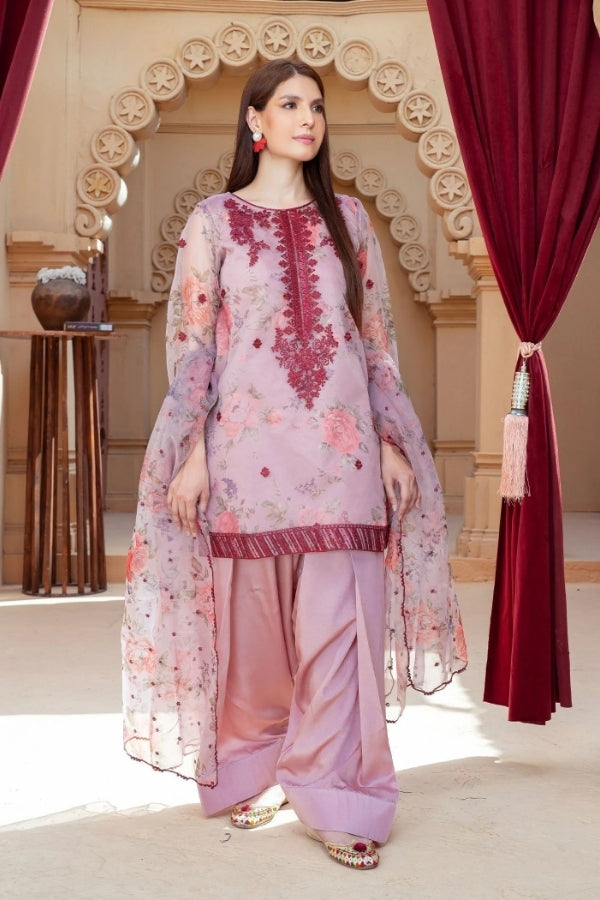 Gulaabi Raag pink embroidered 3-piece festive kurta set for women with organza dupatta and farshi shalwar – luxury ready-to-wear Eastern outfit by Ragini