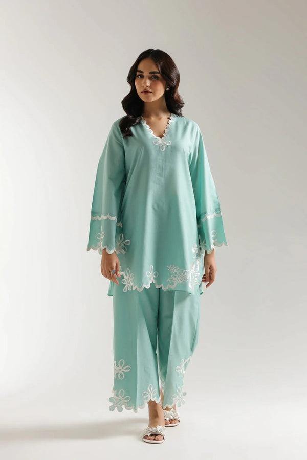 Woman wearing a light blue embroidered outfit on a white background