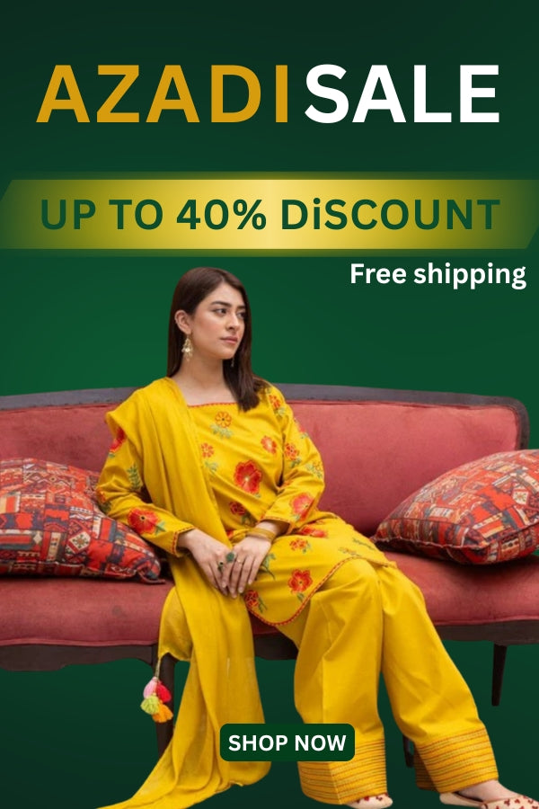 Woman in yellow traditional outfit sitting on a couch with 'Azadi Sale' text overlay.