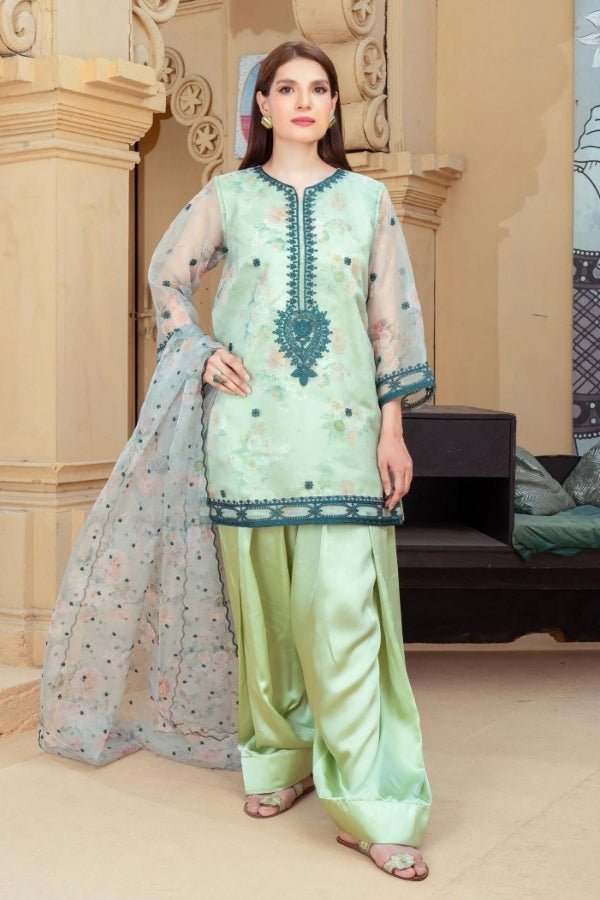 Narmeen – Mint Green Embroidered Organza Kurta with Farshi Shalwar & Organza Dupatta | 3-Piece Festive Ready-to-Wear Suit for Women by Ragini