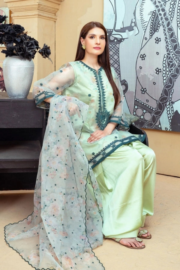 Narmeen – Mint Green Embroidered Organza Kurta with Farshi Shalwar & Organza Dupatta | 3-Piece Festive Ready-to-Wear Suit for Women by Ragini