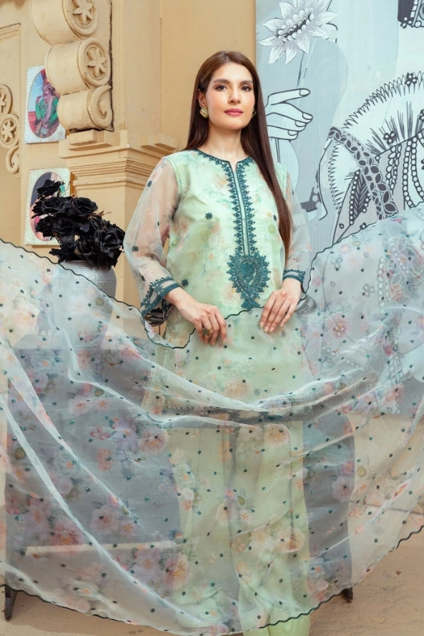 Narmeen – Mint Green Embroidered Organza Kurta with Farshi Shalwar & Organza Dupatta | 3-Piece Festive Ready-to-Wear Suit for Women by Ragini