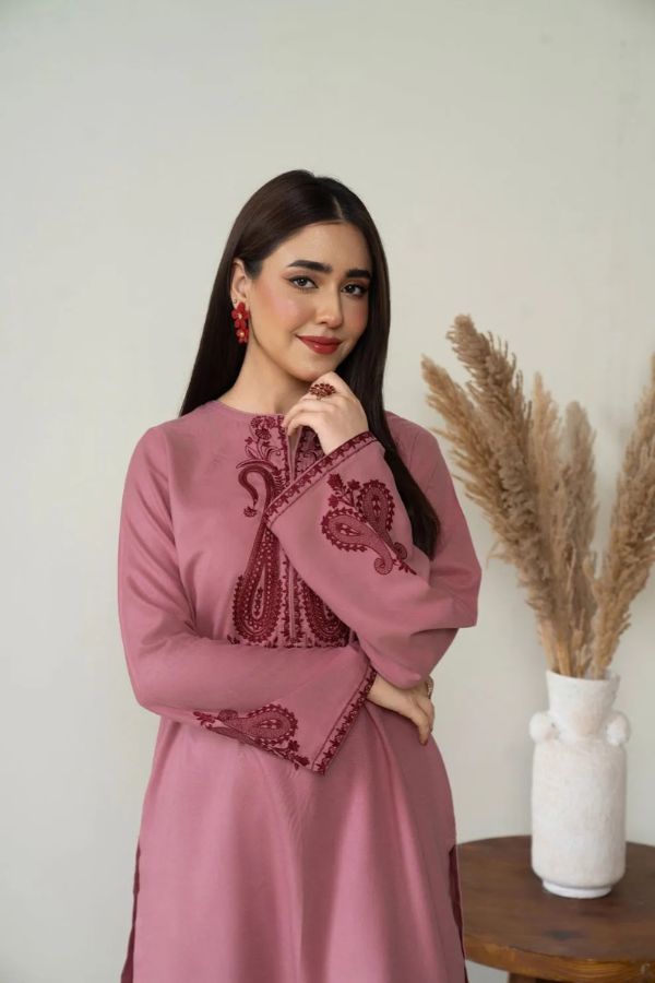 Woman wearing a pink dress with intricate embroidery, standing against a plain background with a vase of dried plants.