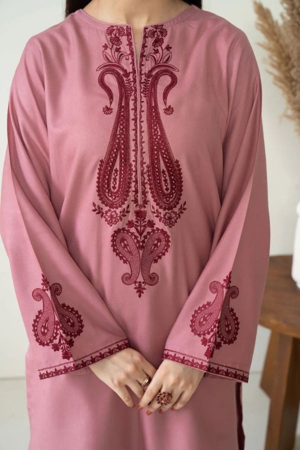 Pink dress with intricate red embroidery on a plain background