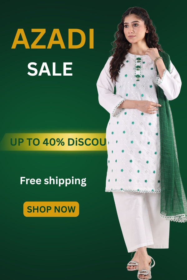 Woman in a white outfit with green dupatta on a dark green background with 'Azadi Sale' text.