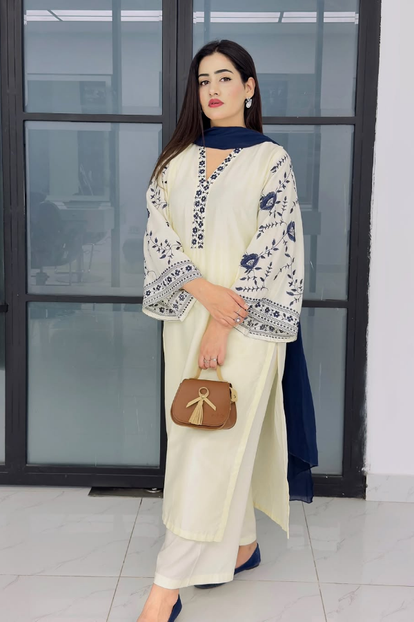 Ragini 3PC embroidered lawn suit with embroidered shirt, dyed trouser, and poly lawn dupatta – breathable and lightweight festive outfit for Eid, summer events, and everyday wear – available in stitched and unstitched options