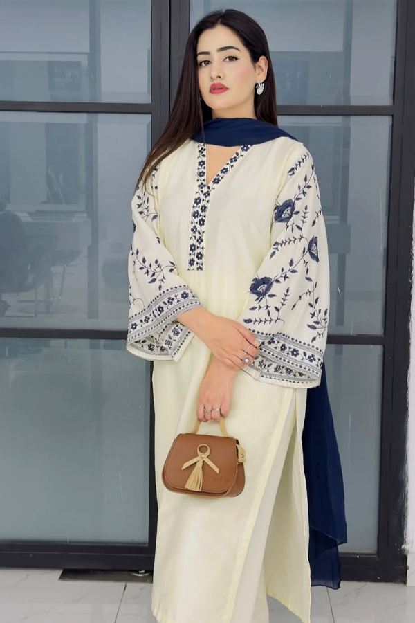 Ragini 3PC embroidered lawn suit with embroidered shirt, dyed trouser, and poly lawn dupatta – breathable and lightweight festive outfit for Eid, summer events, and everyday wear – available in stitched and unstitched options