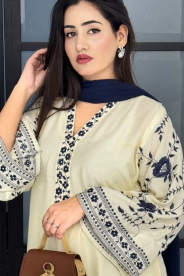 Ragini 3PC embroidered lawn suit with embroidered shirt, dyed trouser, and poly lawn dupatta – breathable and lightweight festive outfit for Eid, summer events, and everyday wear – available in stitched and unstitched options