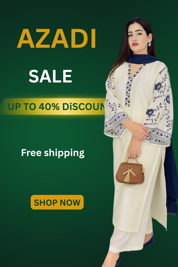 Woman in traditional outfit with promotional text for 'AZADI' sale on a green background