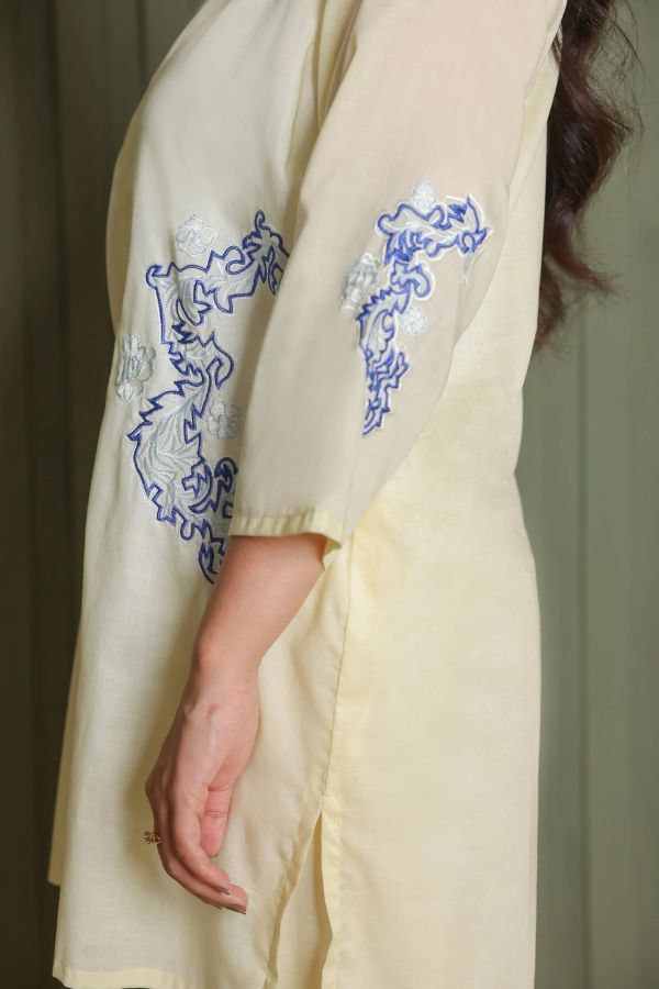 Beige garment with blue embroidery on a plain background
