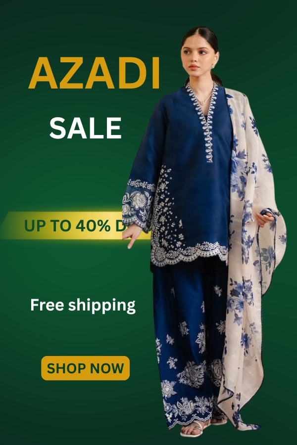 Woman wearing a blue and white traditional outfit with promotional text on a green background
