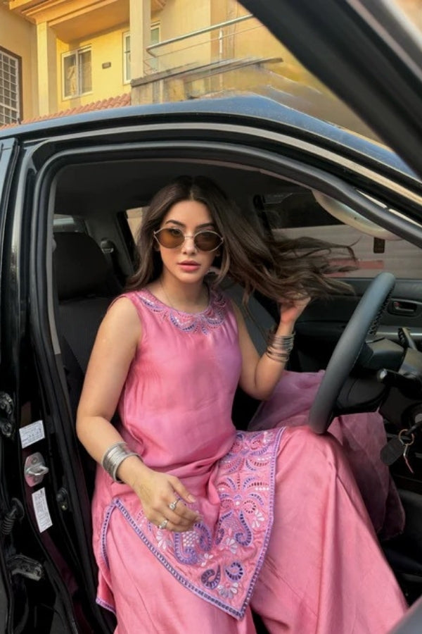 Twilight Bloom – Ombré pink and purple Shisha silk outfit with cutwork embroidery, paired with loose trouser and organza dupatta with CD-style cutwork