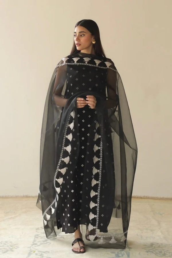 Woman wearing a black and white patterned saree with a plain background