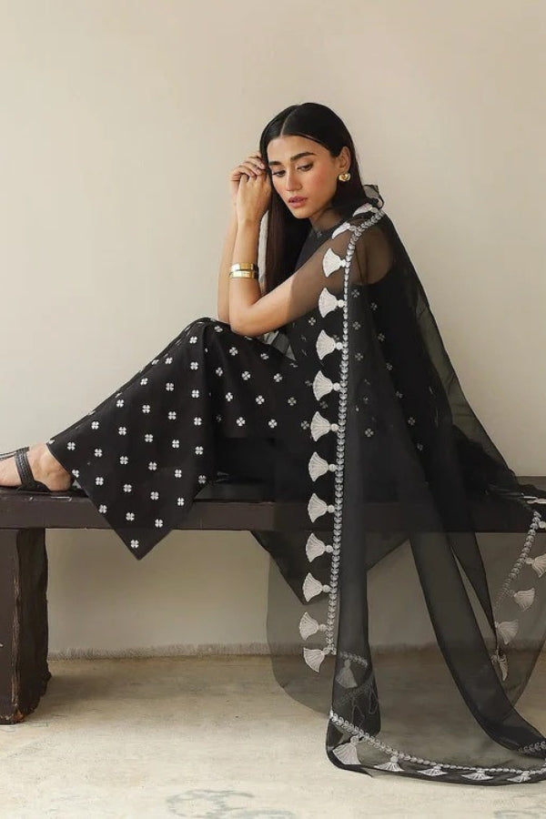 Woman sitting on a bench wearing a black outfit with white patterns, holding a black dupatta.