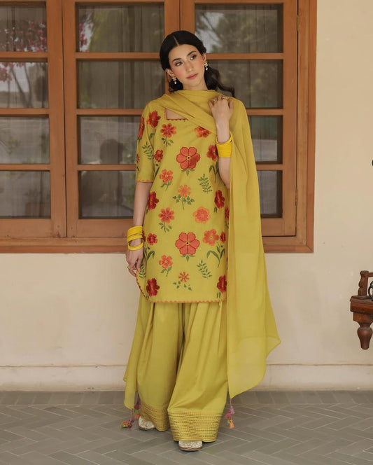 3pc Embroidered Lawn Suit with Chiffon Dupatta - Mustard Breeze Ragini.pk