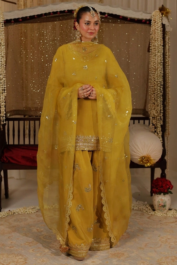 Zard Bahaar – Butterscotch yellow embroidered Bamber Silk kameez and farshi shalwar set with organza dupatta