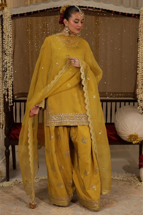 Zard Bahaar – Butterscotch yellow embroidered Bamber Silk kameez and farshi shalwar set with organza dupatta