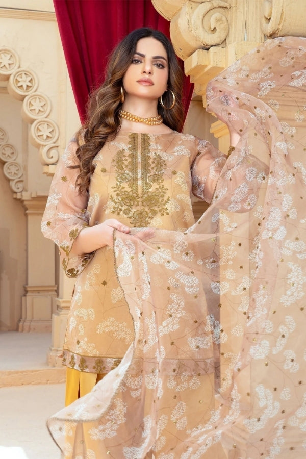 Zarminaa – Gold Embroidered Organza Kurta Set with Farshi Shalwar & Organza Dupatta | 3-Piece Festive Party Wear for Women by Ragini