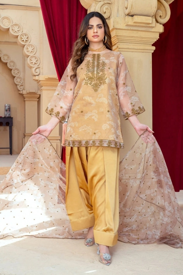 Zarminaa – Gold Embroidered Organza Kurta Set with Farshi Shalwar & Organza Dupatta | 3-Piece Festive Party Wear for Women by Ragini