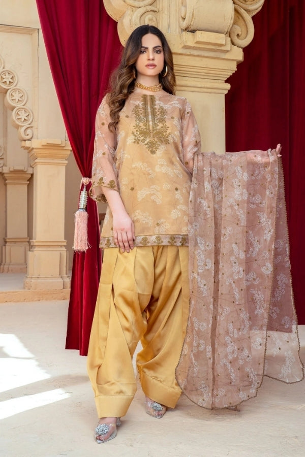 Zarminaa – Gold Embroidered Organza Kurta Set with Farshi Shalwar & Organza Dupatta | 3-Piece Festive Party Wear for Women by Ragini