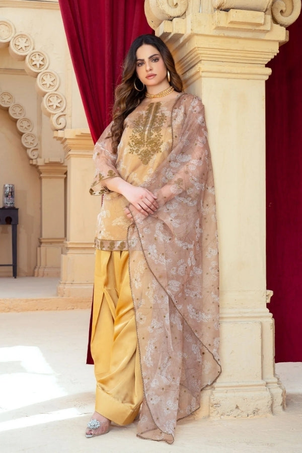 Zarminaa – Gold Embroidered Organza Kurta Set with Farshi Shalwar & Organza Dupatta | 3-Piece Festive Party Wear for Women by Ragini