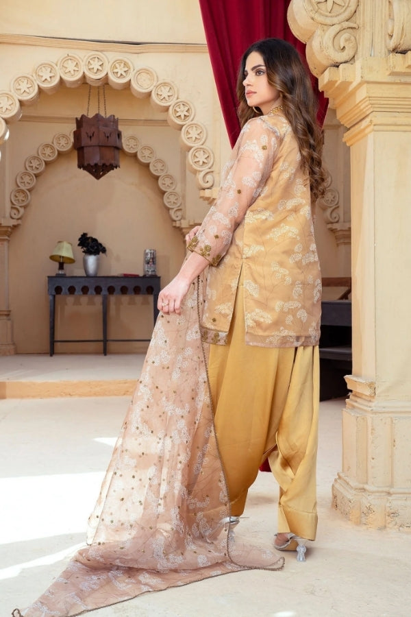 Zarminaa – Gold Embroidered Organza Kurta Set with Farshi Shalwar & Organza Dupatta | 3-Piece Festive Party Wear for Women by Ragini